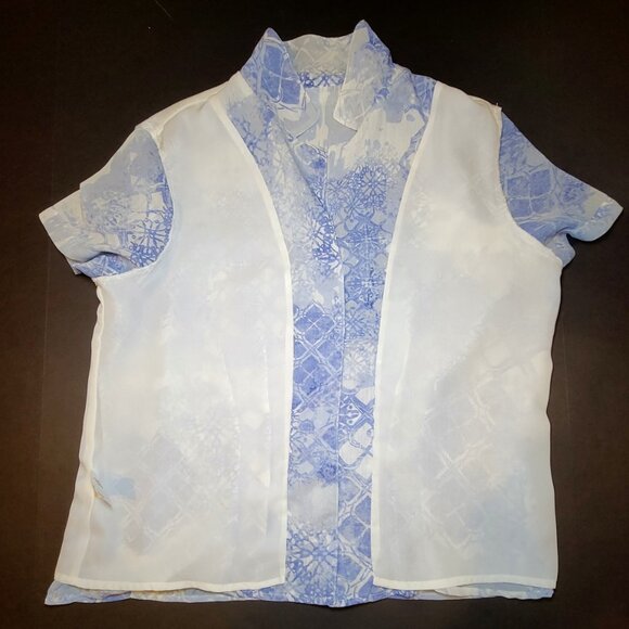 Alfred Dunner Womens Blue and White Short Sleeve Button Up Blouse Size 12 - Picture 6 of 12